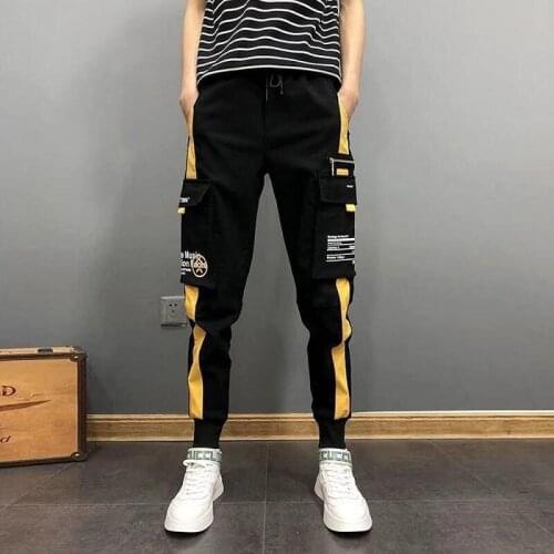 New Men Ribbons Black Pocket Cargo Pants 2021 Fashion Student Harem Joggers Harajuku Sweatpant Hip Hop Casual Trousers