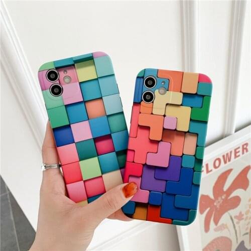 Cartoon Colored Squares Tetris Phone Case For iPhone 11 12 Pro X XR XS Max 7 8 Plus Camera Protect Shockproof Soft IMD Cover