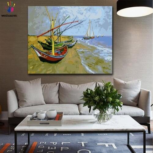 DIY colorings pictures by numbers with colors Van Gogh seaside sailing picture drawing painting by numbers framed Home