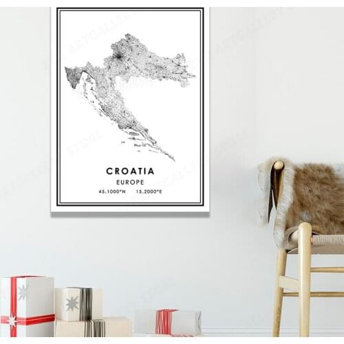 CROATIA Black And White Map Poster Art Picture Prints Home Decor Wall Canvas Painting Decoration For Living Room