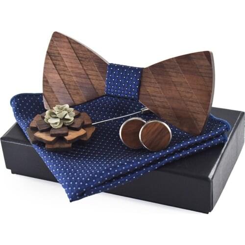 Linbaiway Claasic Wooden Bow Tie Set for Mens Wood Bowtie+Handkerchief+Cufflinks+Brooch Sets for Men Wedding Gifts with Box