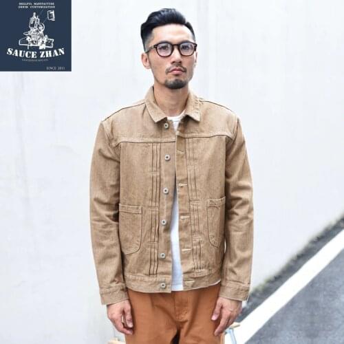 SauceZhan Vulcanization Denim Jacket Khaki Jeans Jacket Selvedge Denim Jacket Jacket Man Casual Mens Jacket Slim fit jacket