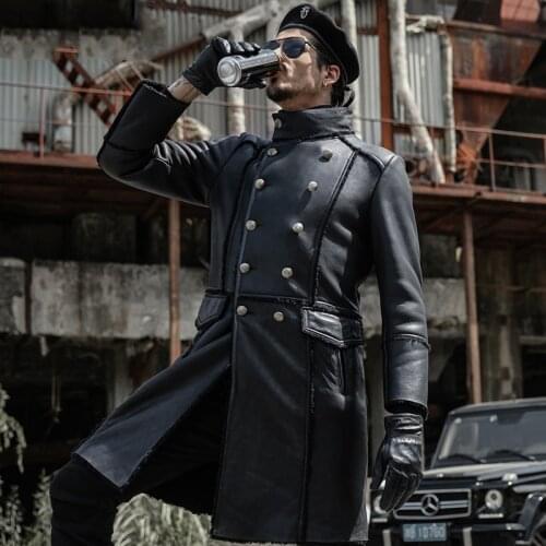 Sheepskin Jacket Mens Shearling Jacket Mens Fur Parka Luxury X-Long Military Style Coat Winter Warm B3 B7