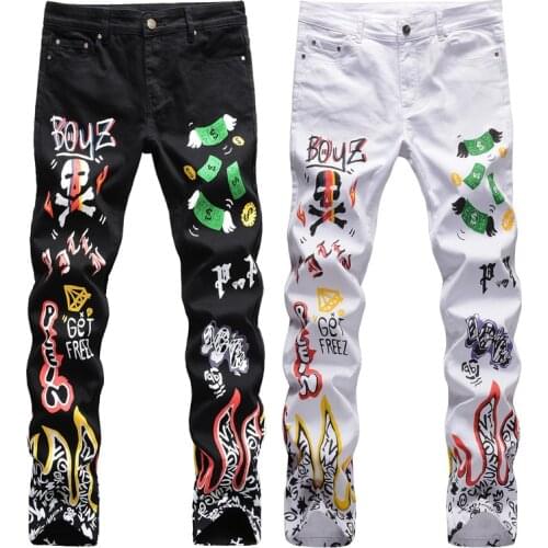 2021 Men’s Graffiti Prints Elastic Denim Pants,High Street Slim-fit Jeans,Fashion School-days Casual Jeans,Youth Must