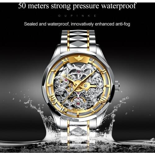OUPINKE 2021 Men Mechanical Watches Luxury Skeleton Automatic Wristwatch Top Brand Stianless Steel Sapphire Glass watches men