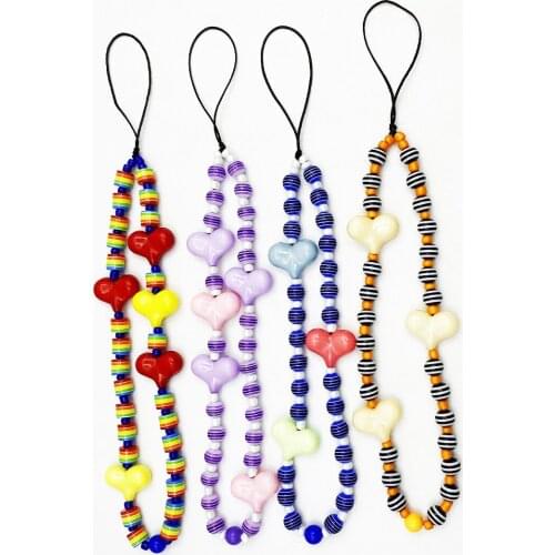 New Handmade Transparent Resin Round Beads Rainbow Color Love Mobile Phone Chain Girl Phone Wrist Strap Lanyard