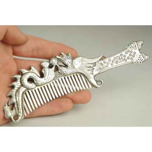 Collectibles Decorated Miao Silver Handwork Carved dragon and phoenix