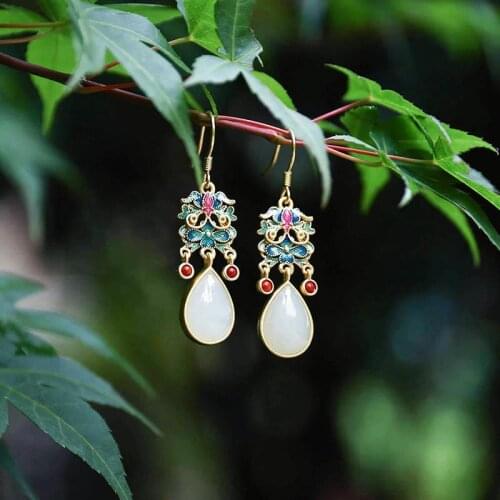 Natural Hetian white jade colorful enamel porcelain drop-shaped earrings Chinese retro light luxury charm womens silver jewelry