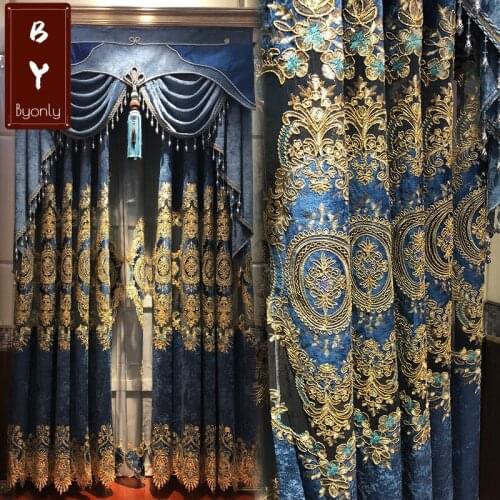 European-style High-end Atmospheric Luxury Blue Hollow Embroidered Curtains for Living Room and Bedroom Blackout Curtains