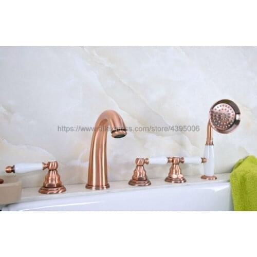 Bathtub Faucet Ceramic handle 5 Hole Widespread Tub Sink Mixer Taps Red Copper Tub Faucet with Handshower Btf232