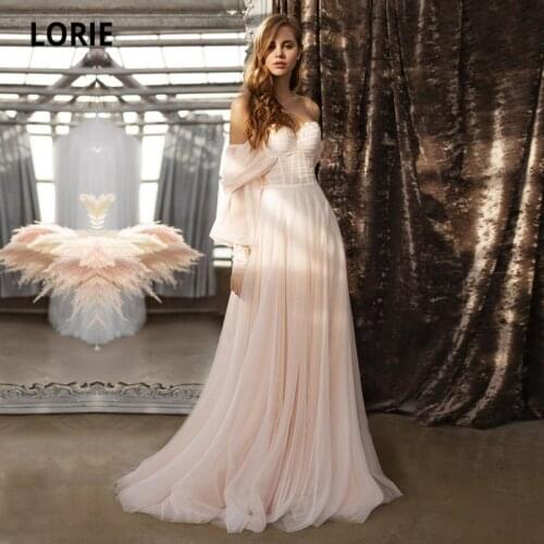 LORIE Boho Wedding Dresses off the Shoulder Long Puff Sleeves Pink Wedding Gown Beach Floor Length Bridal Dress 2021