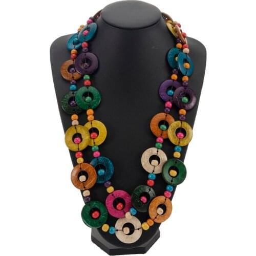 Vintage Woman Necklace Wholesale Fashion Jewelry Big Round Wooden Pendant Handmade Long Necklace For Women