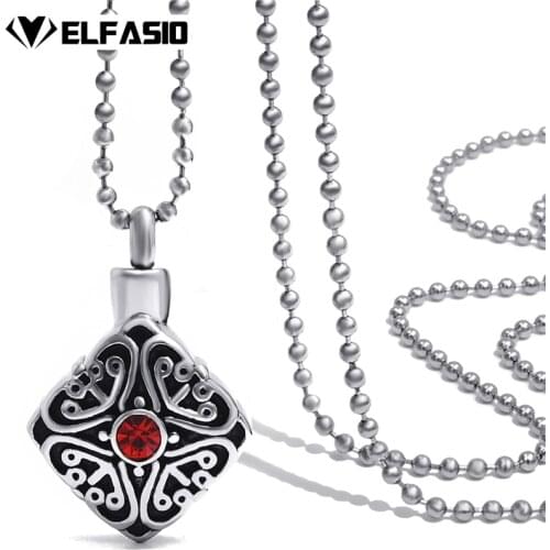 Womens Girls Stainless Steel Pendant Chain Vintage Floral Red CZ Cremation Keepsake Memorial Urn Necklace Jewelry UP039