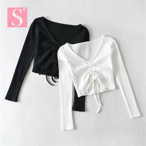 STVY 2021 New Spring Summer Sexy Streetwear Tops Women V-neck Drawstring Long Sleeve Elastic Ribbed Knitting Female T-shirt