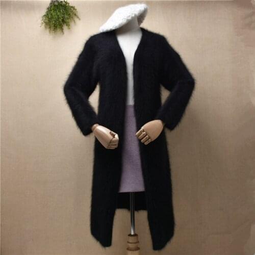 Ladies women fashion black hairy plush mink cashmere knitted long sleeves slim sweater long cardigans angora fur jacket coat