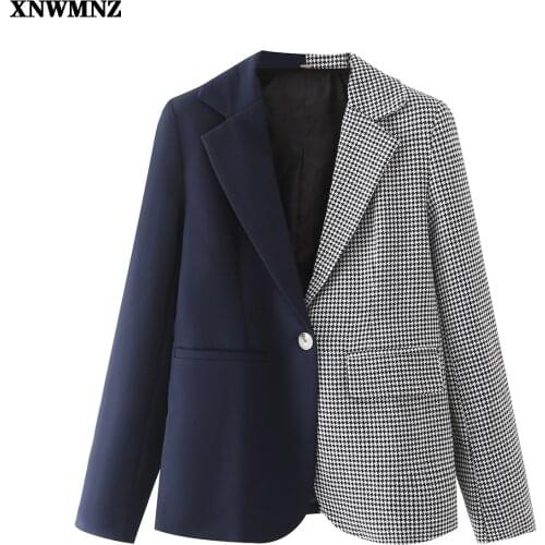 XNWMNZ 2021 Winter Women Patchwork Plaid Blazer Female Long Sleeve Jacket Ladies Work Wear Blazer Formal Suits bm y2k