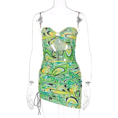 Sexy Womens Tube Top Hollow Irregular Drawstring Dress Halter Top Party Holiday Dress Slim Fit Tight Dress Summer 2021