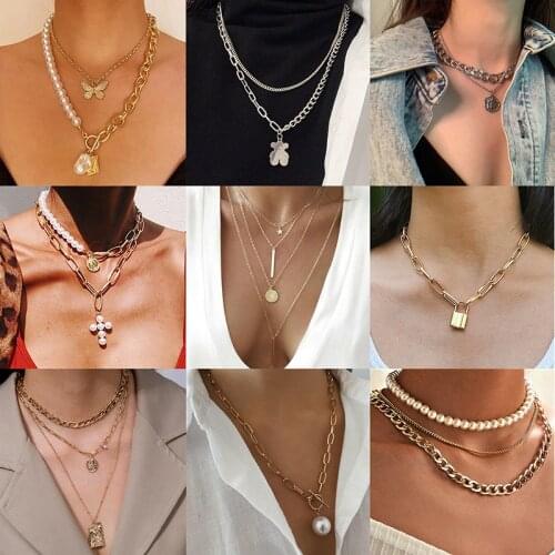 Vintage Multilayer Pendant Necklace Women Moon Star Choker Necklaces Jewelry Charm Hip Hop Simple Butterfly Cross Pearl