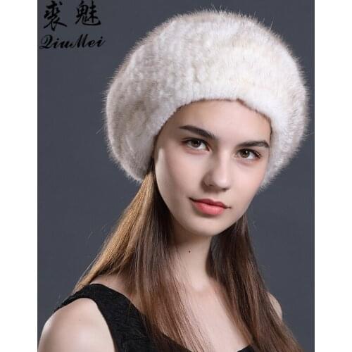 Winter Beret Hat For Women Knitted Hat Mink Fur Beret For Girl Solid Colors Fashion Lady Real Fur Cap Warm Winter WomenS Beret