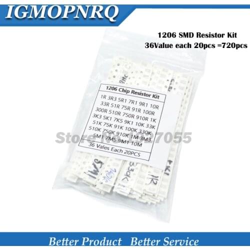 36Value each 20pcs =720pcs 1206 SMD Resistor Kit 1/4W 0.25W 5% 1 ohm~10 Mohm component diy kit 1R 3.3R 5.1R 1K 10K 100K 1M 10M
