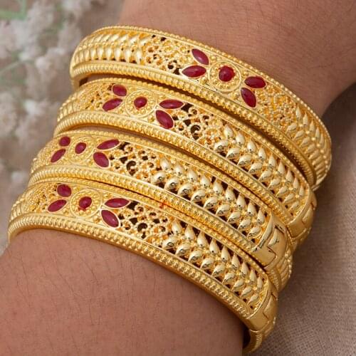 4Pcs/set Dubai Gold Color Wedding Red Bangles for Women Ethiopia wedding Bangles&Bracelets Africa Saudi Arabia jewelry gift