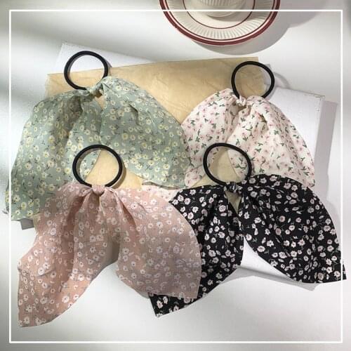 4pcs/pack Boho Floral Print Chiffon Bowknot Elastic Hair Bands Sweet Scarf Ponytail Holder Hair Rope Simple Hair Tie Head Band