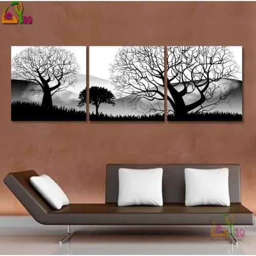5d Diy Diamond Painting Full Square Round Drill 3 Panel Black And White Landscape Tree Diamond Embroidery Handmade Wall Decor