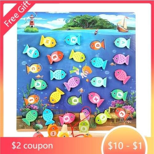 Childrens wooden toys Montessori alphabet recognition magnetic fishing board game baby toy early learning educational toys gift