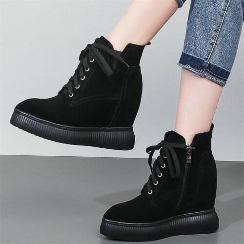 Winter Fashion Sneakers Women Lace Up Genuine Leather Wedges High Heel Ankle Boots Female Pointed Toe Pumps Shoes Casual Shoes