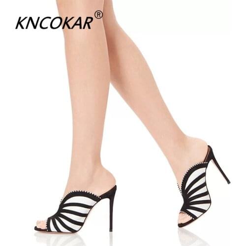 2019 Summer European And American New Style Stiletto Heel Black And White Striped Color Panel Foreign Trade Versatile Sandals