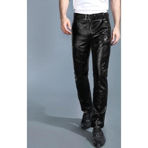 Mens Leather Pants Black Genuine With Fleece Pants Winter Youth Thickened Pants The First Layer Cowhide Pants Goatskin Pants
