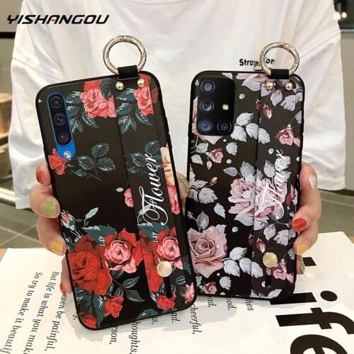 For Samsung A71 A51 A50 A70 A30s A50s A30 A20 Flowers Leaves Patterned Wrist Strap Phone Holder Silicone Soft Back Case Cover