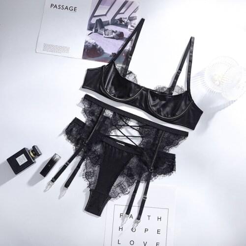 New Womens Lace Lingerie Set Fashion Flower Bowknot Bra Underwear Sling Three-piece Underwear Transparent Bra Set