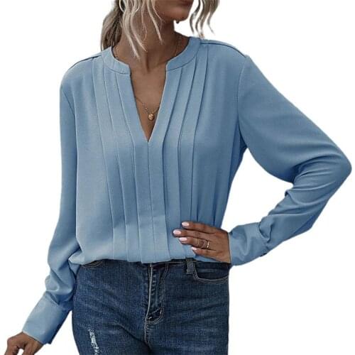 Autumn Women Blouse Elegant Solid Color Pleated All-match Shirts Long Sleeve V-neck Loose Plus Size Shirts Office