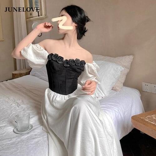 Summer Vintage Party Midi Dress French Designer Elegant Chic Patchwork Corset Dress Bubble Sleeve Off Shoulder Dresses for Women