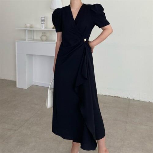 Blue Female Dress V-neck Design Irregular Dress