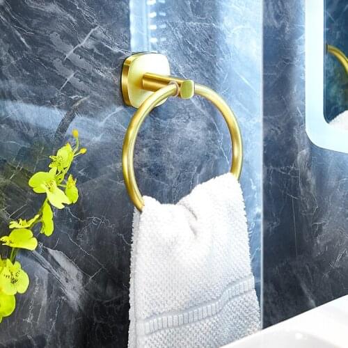 Light luxury towel ring hanging hole-free bathroom towel rack round space aluminum gold towel ring bathroom thickening rack rod