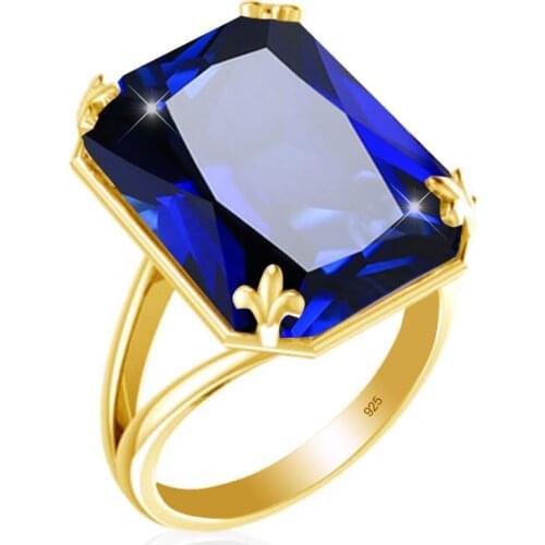 Szjinao New product 925 Sterling Silver gold Ring for Women Square Blue Big sapphire Wholesale silver 925 jewelry