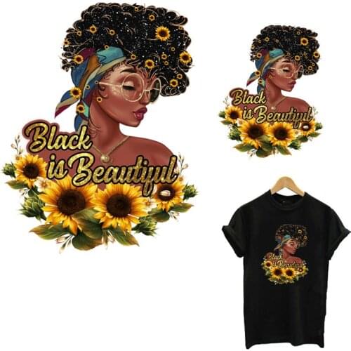 Black Is Beautiful Thermal Heat Transfer Sticker On Clothes DIY Washable Women T-Shirt Iron On Patches Sunflower Girl Applique