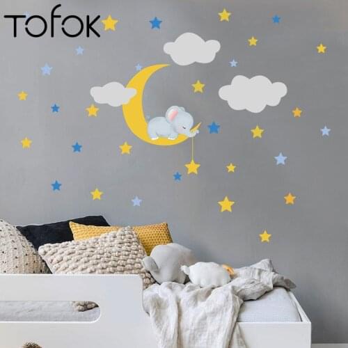 Tofok Cartoon Baby Elephant Moon Clouds Stars Wall Stickers for Childrens Room Decoration Cartoon Animals Home Decor Decals
