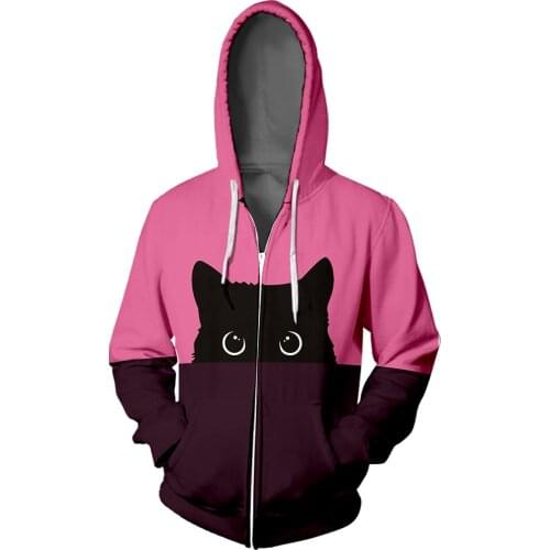 Black Cat Zipper Hoodie Hip Hop Pink Purple Splice Color Woman 3D Hooded bluza damska Pussy Zipper Sweatshirt Men Jacket Coat