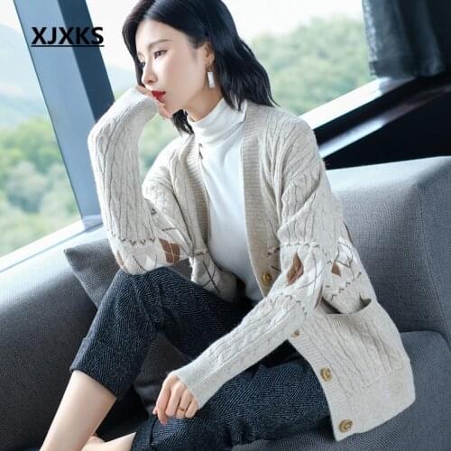 XJXKS 2020 autumn winter new fashion v-neck thickened women sweater coat comfortable wool knitted cardigan women sweater