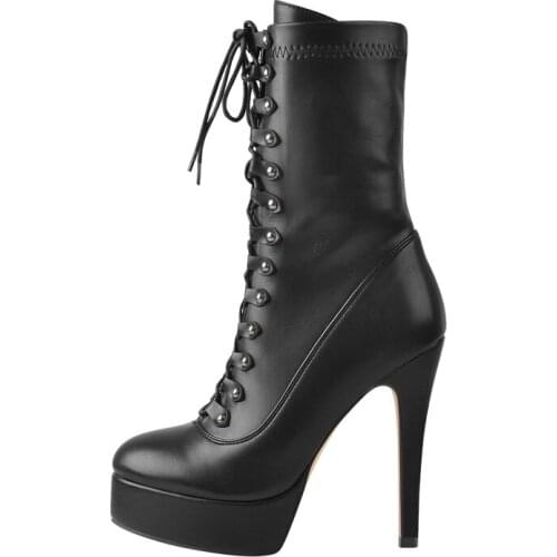 Richealnana Womens Platform Side Zip Ankle Booties High Thin Heel Metal Rivet Stilettos Lace Up Boots Flock Inside Big Shoes