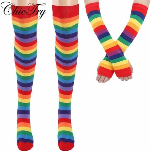 Women Girls Rainbow Striped Knee Thigh High Socks&Arm Warmer Gloves Perfect for Party Cosplay Performance Show Holiday Gift
