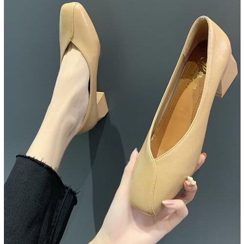 Shoes women 2021 new autumn square head single shoes women shallow mouth thick heel middle heel high heel retro womens shoes