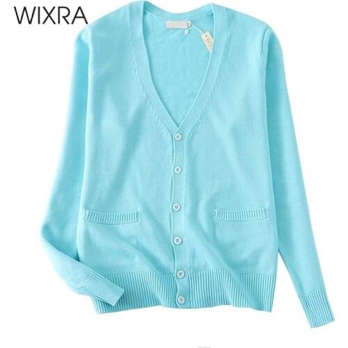 Wixra Womens Classic Solid Preppy Cardigans V Neck Street Style Full Sleeve Sweaters Female New Fashion Tops
