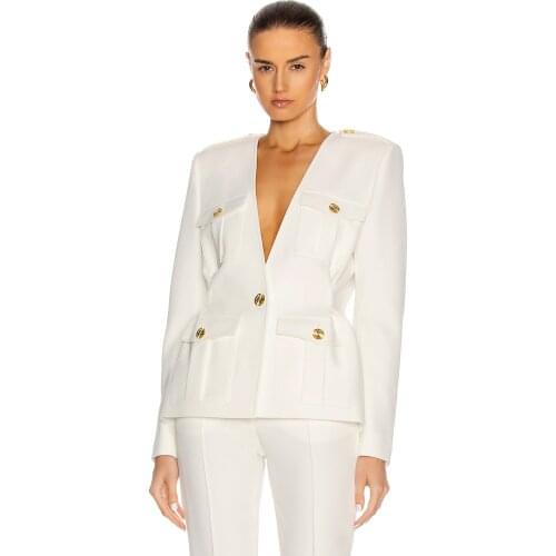 High Street Elegant Womens Two Pieces Blazer Sets Blazers and Trouser Suits Casual Lady White Business Button Trouser Suit