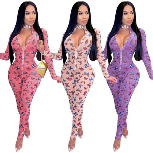 Autumn 2021 Women Mesh Jumpsuit Long Sleeve Print Sexy Deep V-Neck One Piece Zipper Bodycon Rompers Skinny Woman Overalls S-2XL