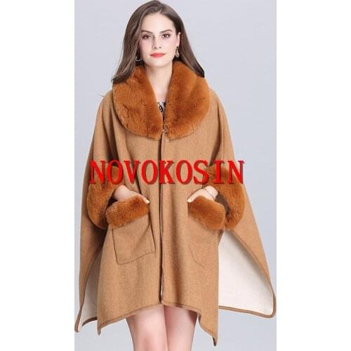 2021 Women Turn-down Imitation Fox Fur Collar Outstreet Wear Winter Warm Woolen Thick Cardigan Long Cloak Loose Coat With Pocket