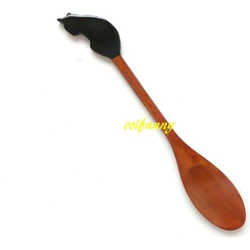 100pcs/lot 21x3cm Lovely Cat Shape Wooden Spoon Ice Tea Wood Spoon Cake Coffee cream spoon tableware